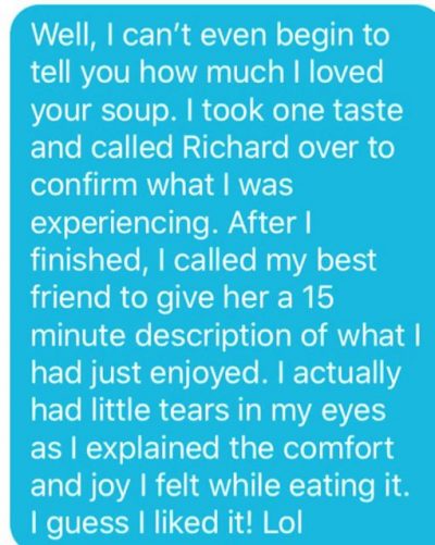 Juanita’s testimonial about Matzo Ball Soup from Cooked and Delivered by Open Kitchen Santa Fe Juanita's testimonial about Matzo Ball Soup from Cooked and Delivered by Open Kitchen Santa Fe